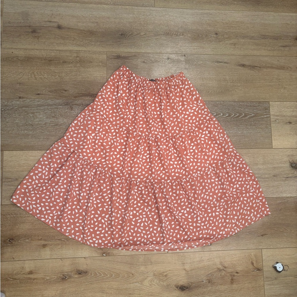 Merokeety Coral Tiered Midi Skirt with White Dot Print Boho